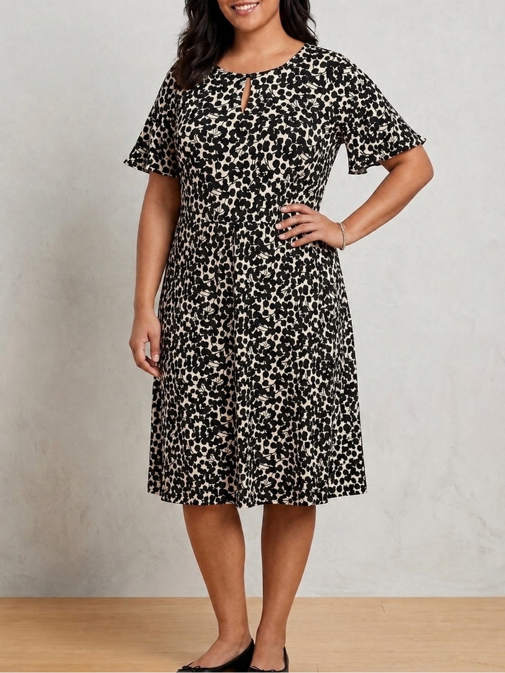 Talbots Dress 16WP Black White Print Short Flutter Sleeves Plus Size Petite